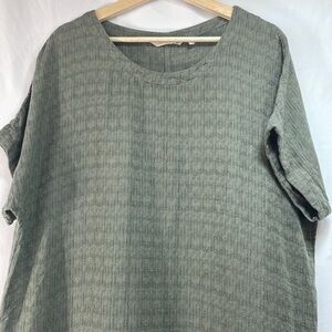 🐸 TXL soft surroundings sage cotton linen blend round neck short sleeve dress